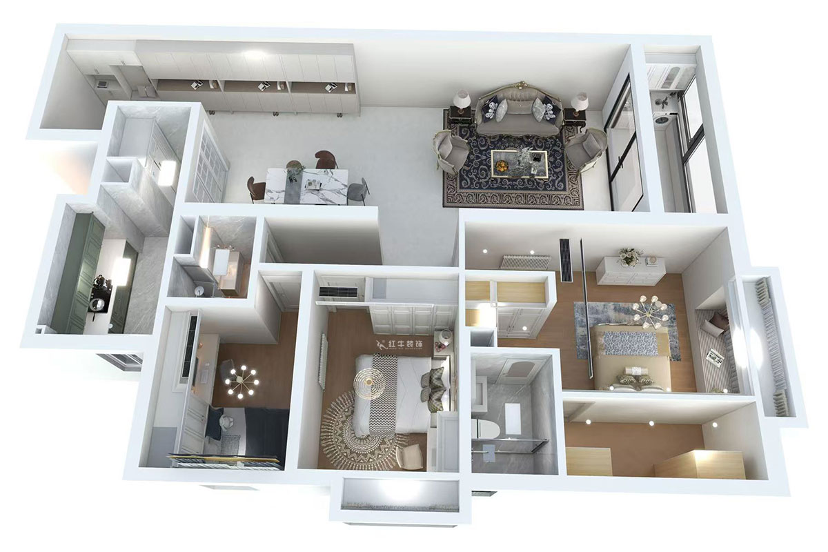 蒋琛｜京隆名府3-1907-160㎡-法式风格｜3室2厅2卫｜旧房装修｜定制家｜全包22万｜00_04鸟瞰图